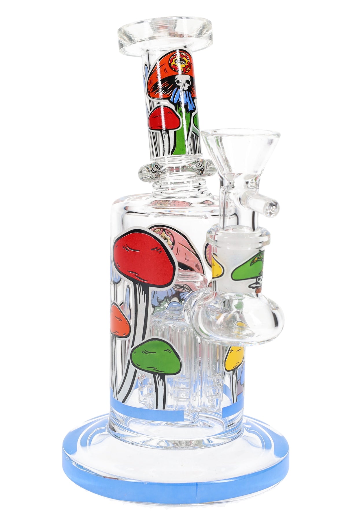 Blue-rim 6.5″ mushroom bong with tree perc, classic red/green caps and skull detail under toadstool on neck.