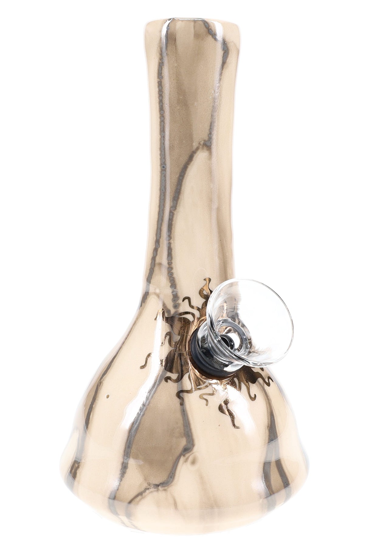 Beige 5″ ceramic bong with marbled glaze and carb hole beside the grommet joint.