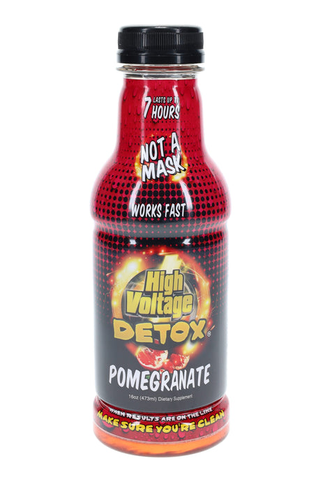High Voltage Detox drink 16 oz bottle, Blazin’ Cherry flavor; red label with “Works Fast” claim and safety-sealed cap.