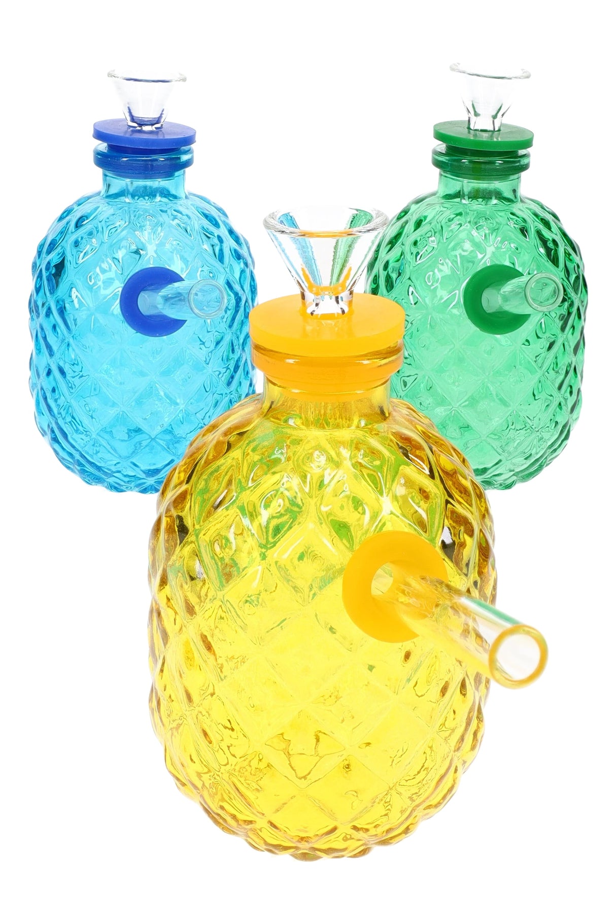 4″ glass pineapple mini bong with textured body and small water chamber for smooth dry-herb pulls; assorted colors, sold individually.