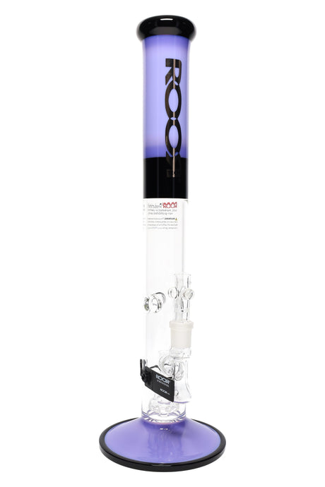 ROOR Tech 18-inch straight tube bong, purple and black accent colors, showerhead perc, glass-on-glass joint.