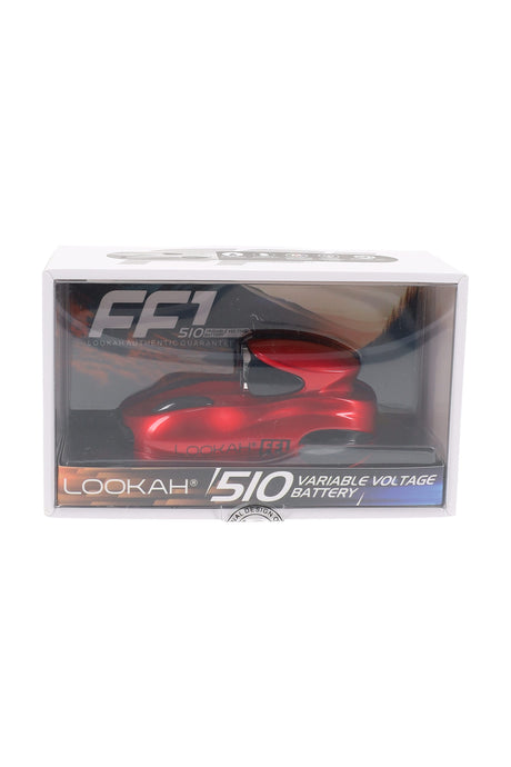 Red Lookah FF1 510 battery in box, novelty racecar design with variable voltage for standard 510 cartridges.