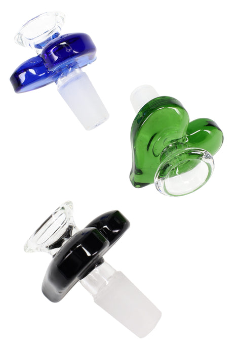 Set of heart-shaped glass bong bowls in blue, black, and green with 14.5 mm male frosted joints and flat heart grips.