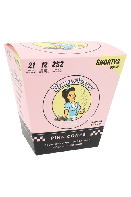Blazy Susan Shorty 53 mm pre-rolled cones display with 21 packs; ultra-thin, slow-burning vegan rolling papers made in France.