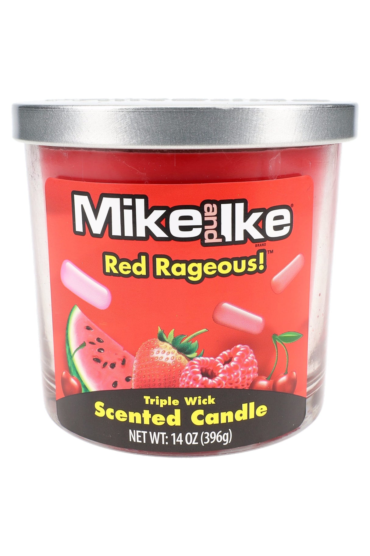 14-oz triple-wick Mike and Ike Red Rageous scented candle, bright red wax jar with silver lid and fruity candy artwork