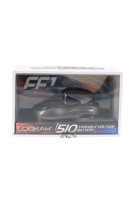 Gray Lookah FF1 510 variable voltage battery in retail packaging, compact racecar profile with top 510 port.