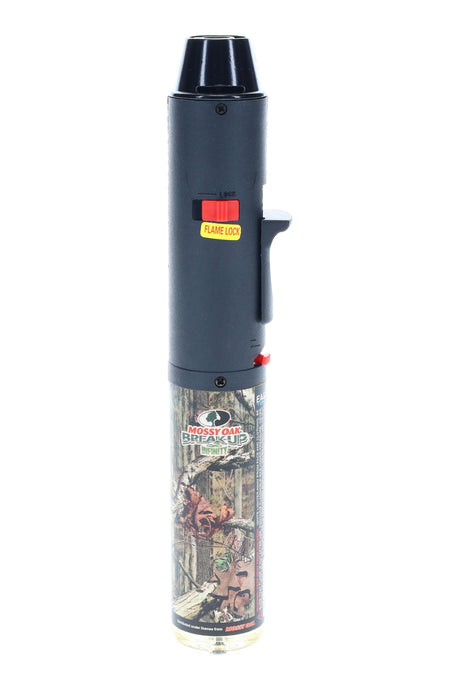 Single Eagle pen torch lighter in Mossy Oak camo with black top and red flame-lock slider, slim jet-flame design shown on a white background.