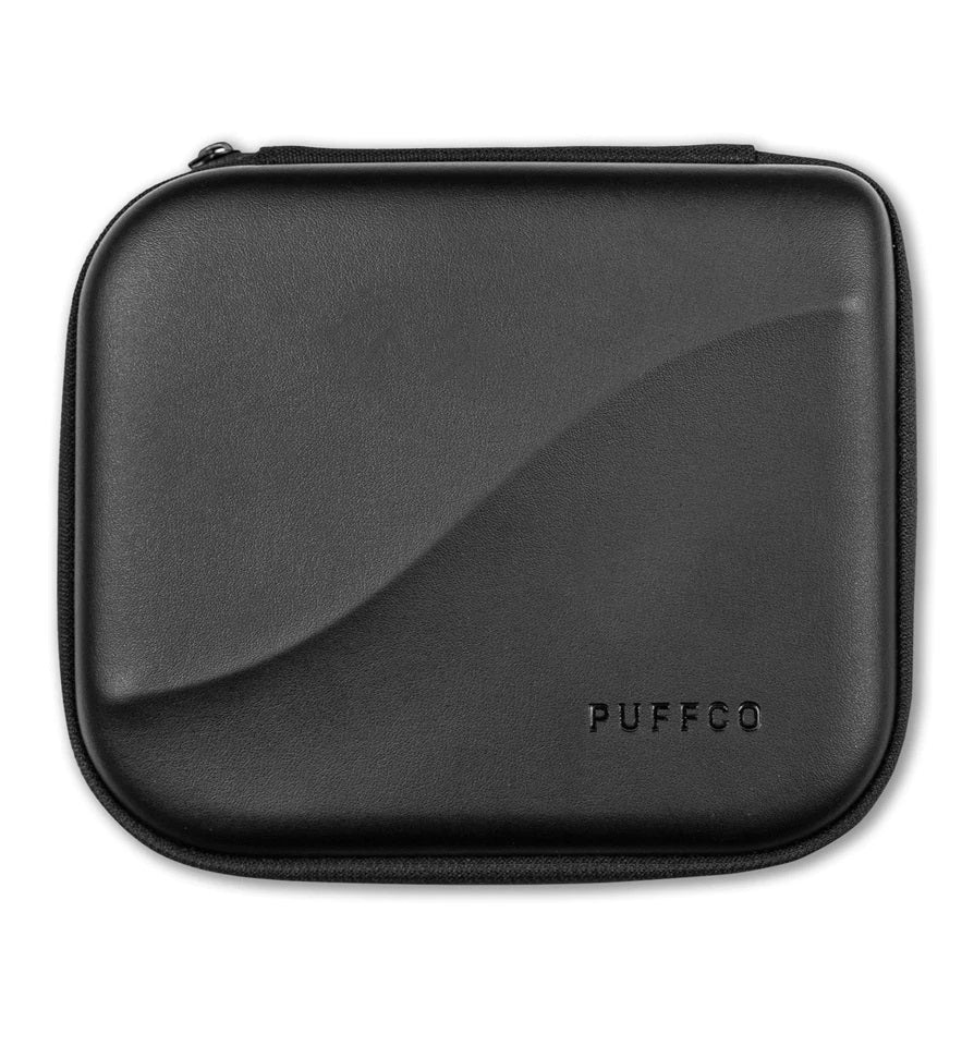 Hard-shell Puffco carrying case closed, matte black travel case sized for Proxy vaporizer and tools.
