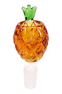 Amber pineapple-shaped glass bong bowl with green crown and 14.5 mm male frosted joint, textured diamonds for grip.