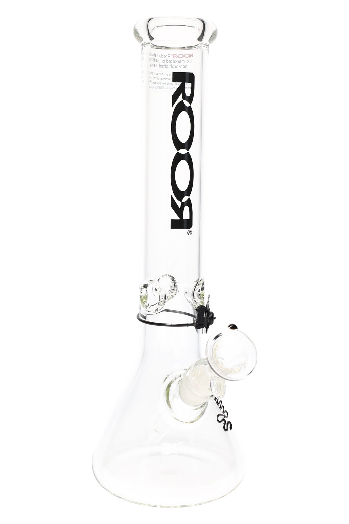 Clear ROOR 5 mm beaker bong with black ROOR logo, glass-on-glass downstem and bowl, ice pinch.