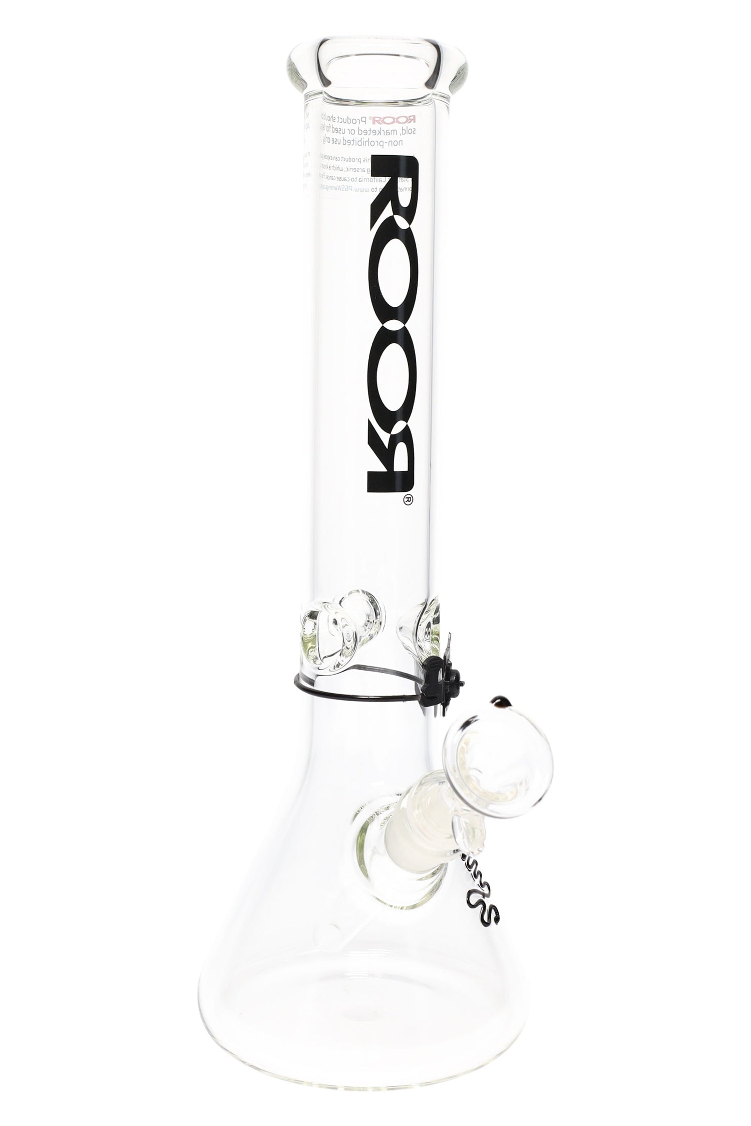 Clear ROOR 5 mm beaker bong with black ROOR logo, glass-on-glass downstem and bowl, ice pinch.