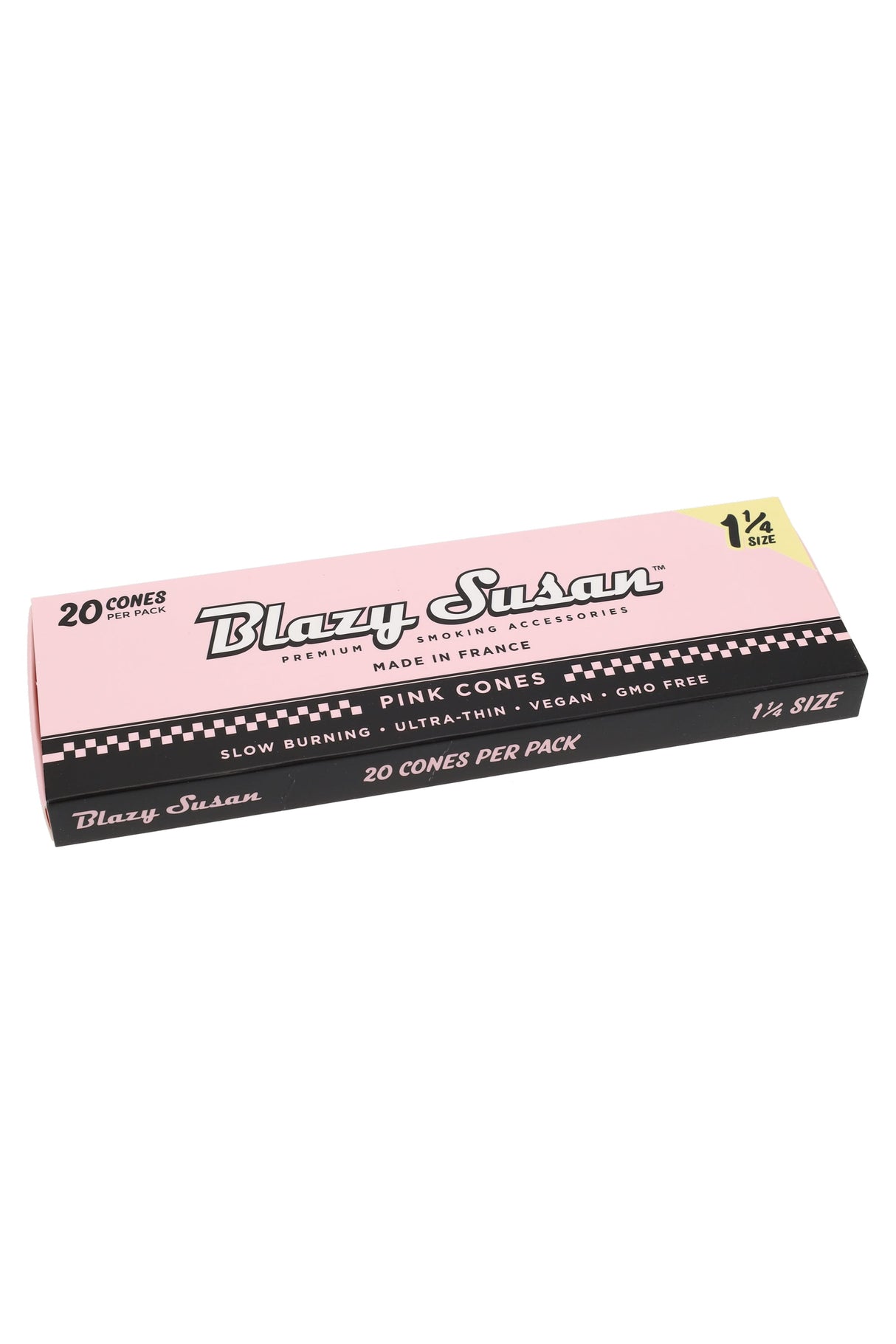 Blazy Susan 1¼ pink cones 20-pack box on white background showing slow-burning, ultra-thin vegan rolling papers.
