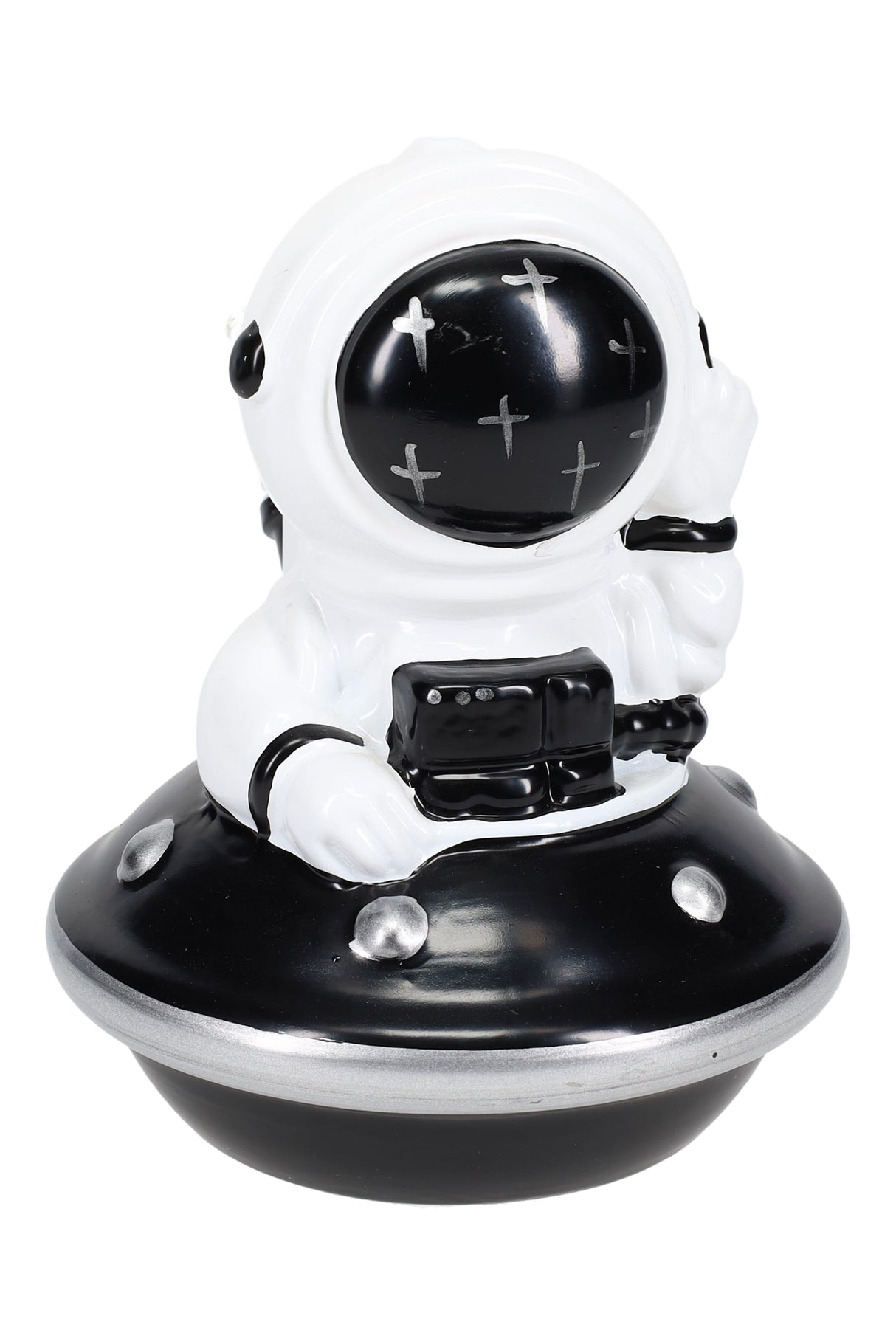 Black-and-white astronaut UFO mini bong with silver accents and rear glass bowl joint, 6″ tall.