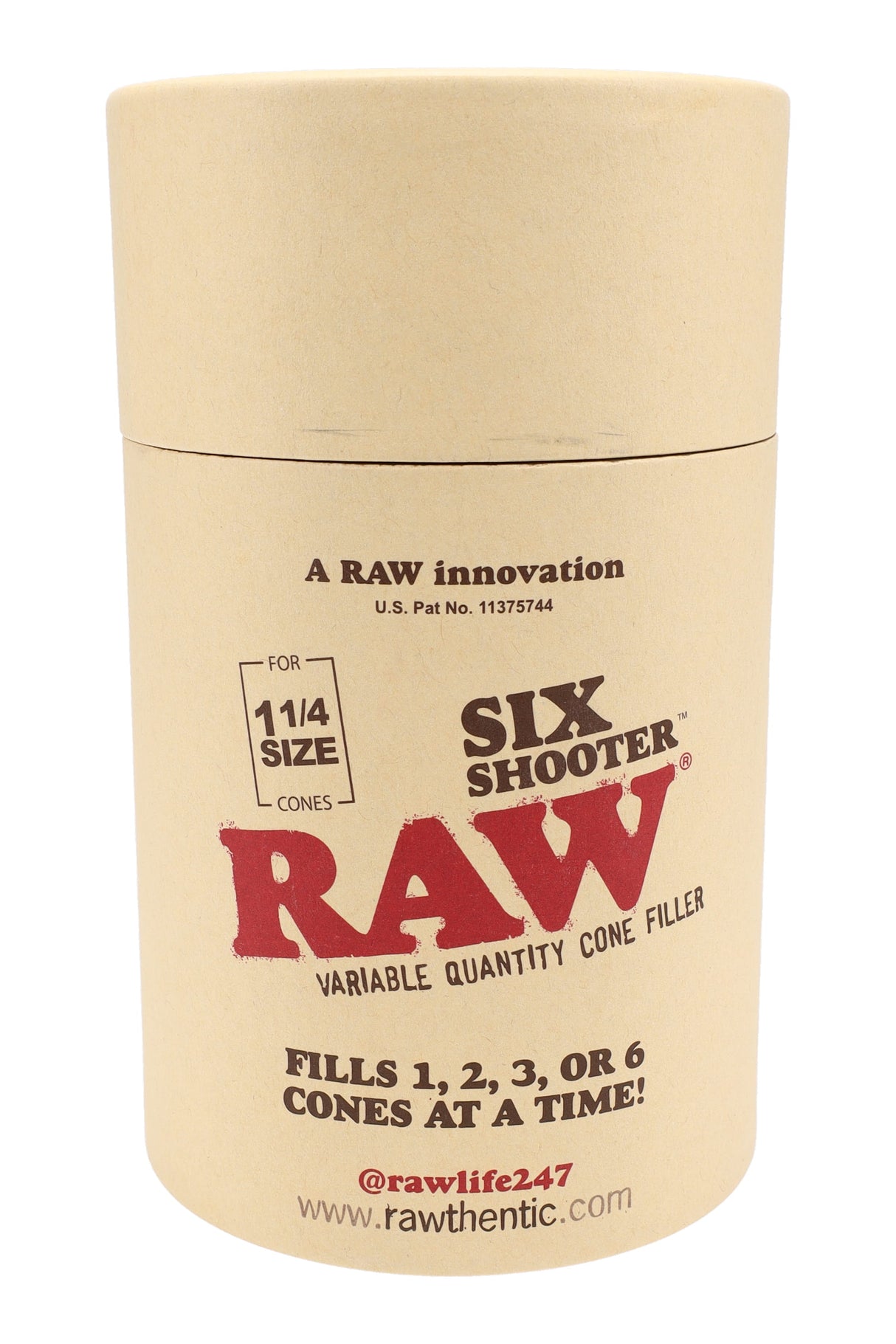 RAW retail tube for Six Shooter cone filler showing 1¼ size callout and 1–6 cone capacity text.