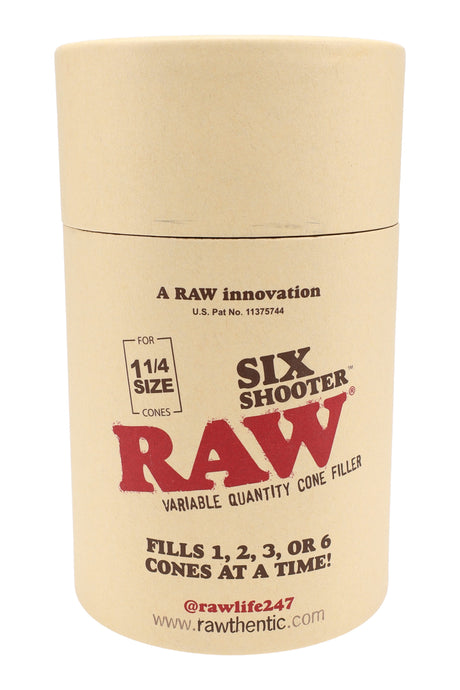 RAW retail tube for Six Shooter cone filler showing 1¼ size callout and 1–6 cone capacity text.