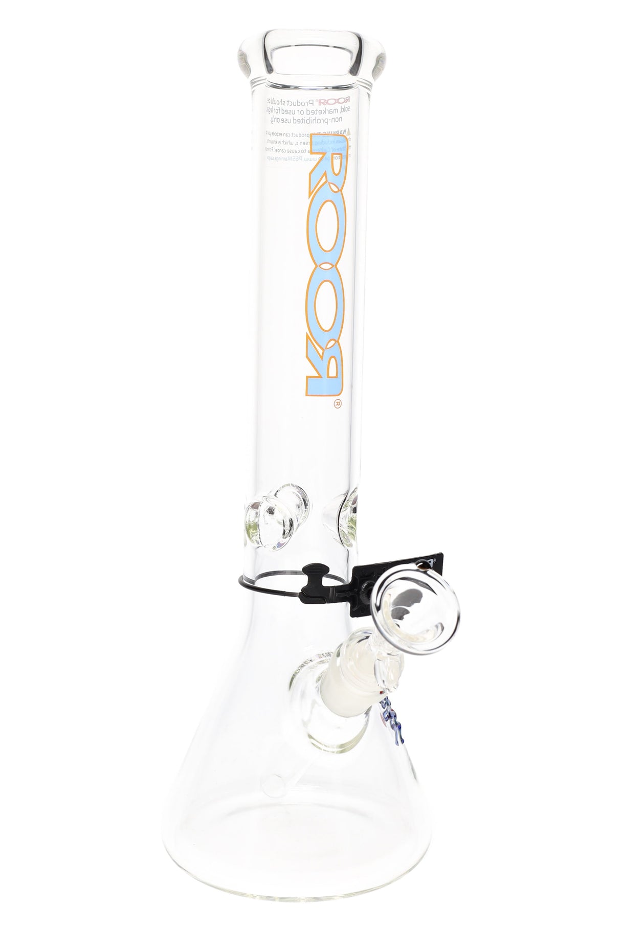Clear ROOR 5 mm beaker bong with sky-blue logo outlined in orange, glass-on-glass downstem and bowl, ice pinch.