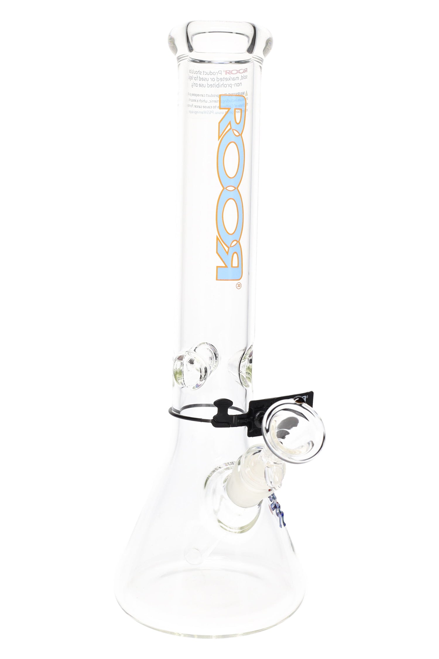 Clear ROOR 5 mm beaker bong with sky-blue logo outlined in orange, glass-on-glass downstem and bowl, ice pinch.