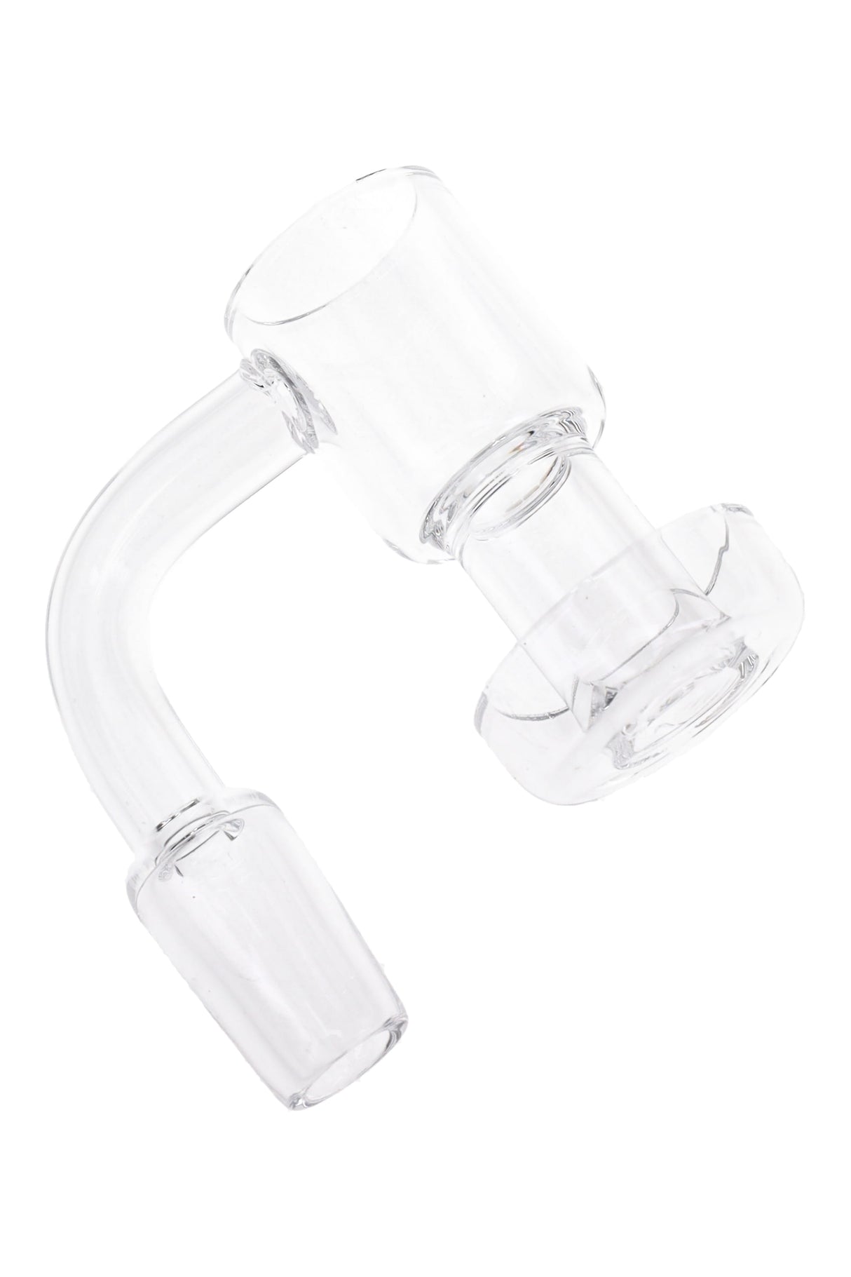 Clear quartz terp slurper banger with 90° neck and 14.5 mm male joint, flat-top cup and dish-style base on a white background.