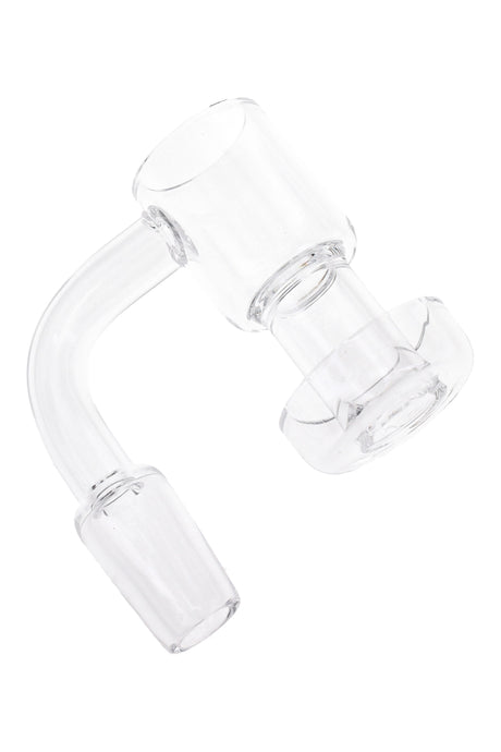 Clear quartz terp slurper banger with 90° neck and 14.5 mm male joint, flat-top cup and dish-style base on a white background.
