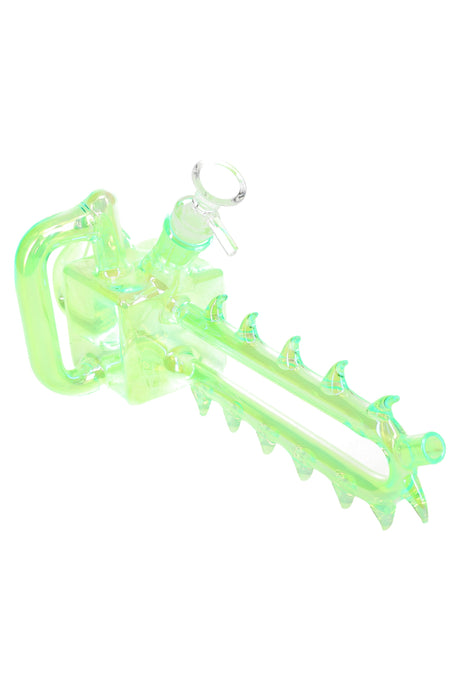 Neon-green chainsaw water pipe with side handle, decorative teeth along the bar, and glass herb bowl, approximately 11″.