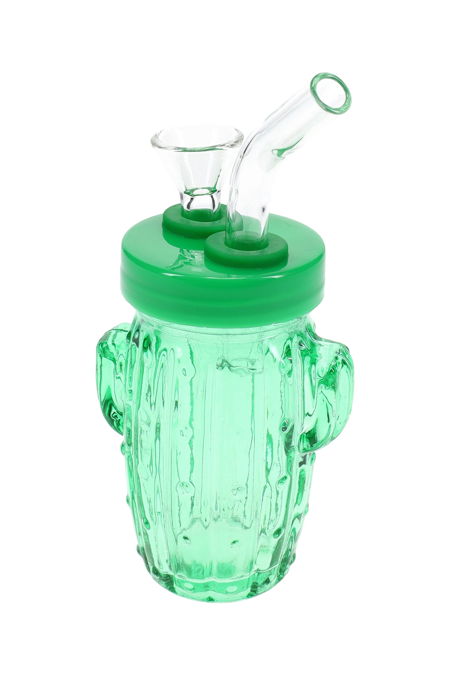 Overhead view of palm-size 3.5-inch green cactus bong with sculpted arms and fixed mouthpiece, ideal for travel smoking gear.