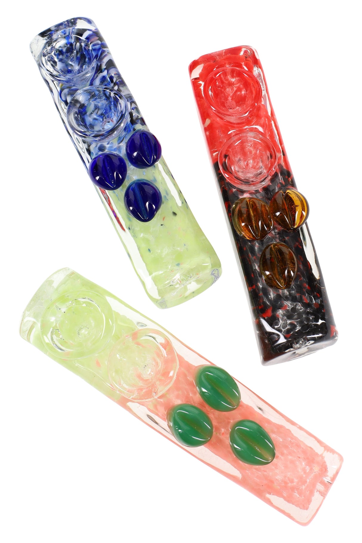 Rectangular 4–5″ multicolor frit double-bowl glass hand pipe with flat square body and three raised grip marbles, shown in assorted colors.