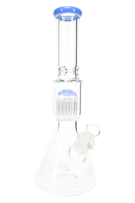Straight-tube beaker bong with light blue lip and matching dome over tree perc, clear glass body and ice pinches.