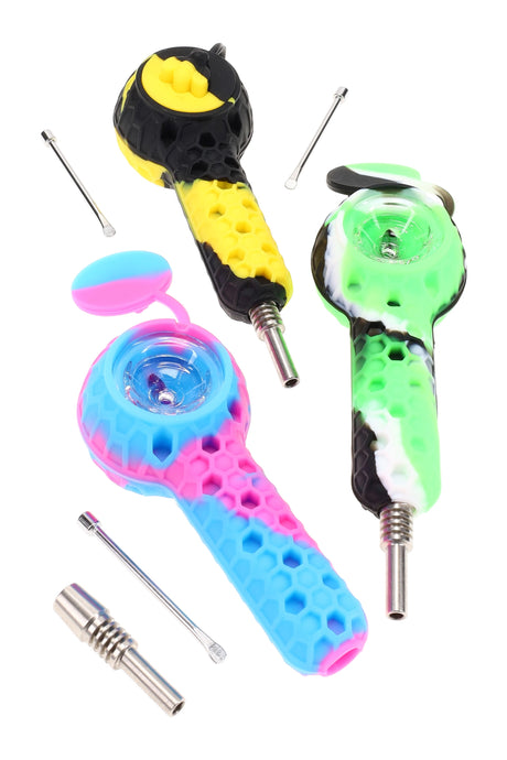 Multicolor silicone 2-in-1 hand pipe and dab straw with honeycomb grip, glass bowl, metal nectar tip, flip cap, and mini dab tool; ships assorted.