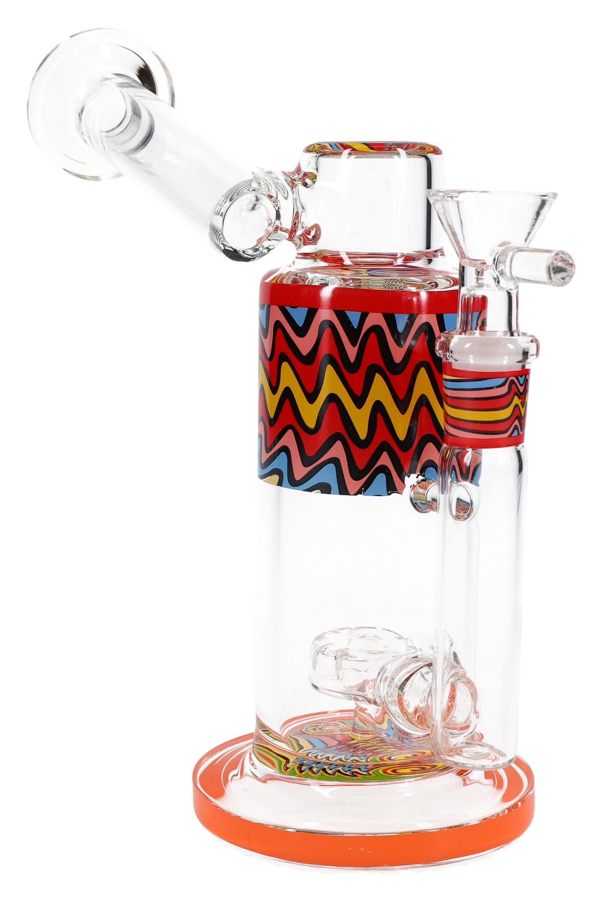 Orange-trim 7″ sidecar glass bong showing reverse-work band, 14.5 mm female joint, and showerhead perc in clear chamber.