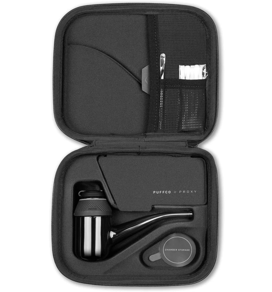 Carry case interior with foam cutouts holding Proxy pipe, chamber storage, and mesh pockets for tools.