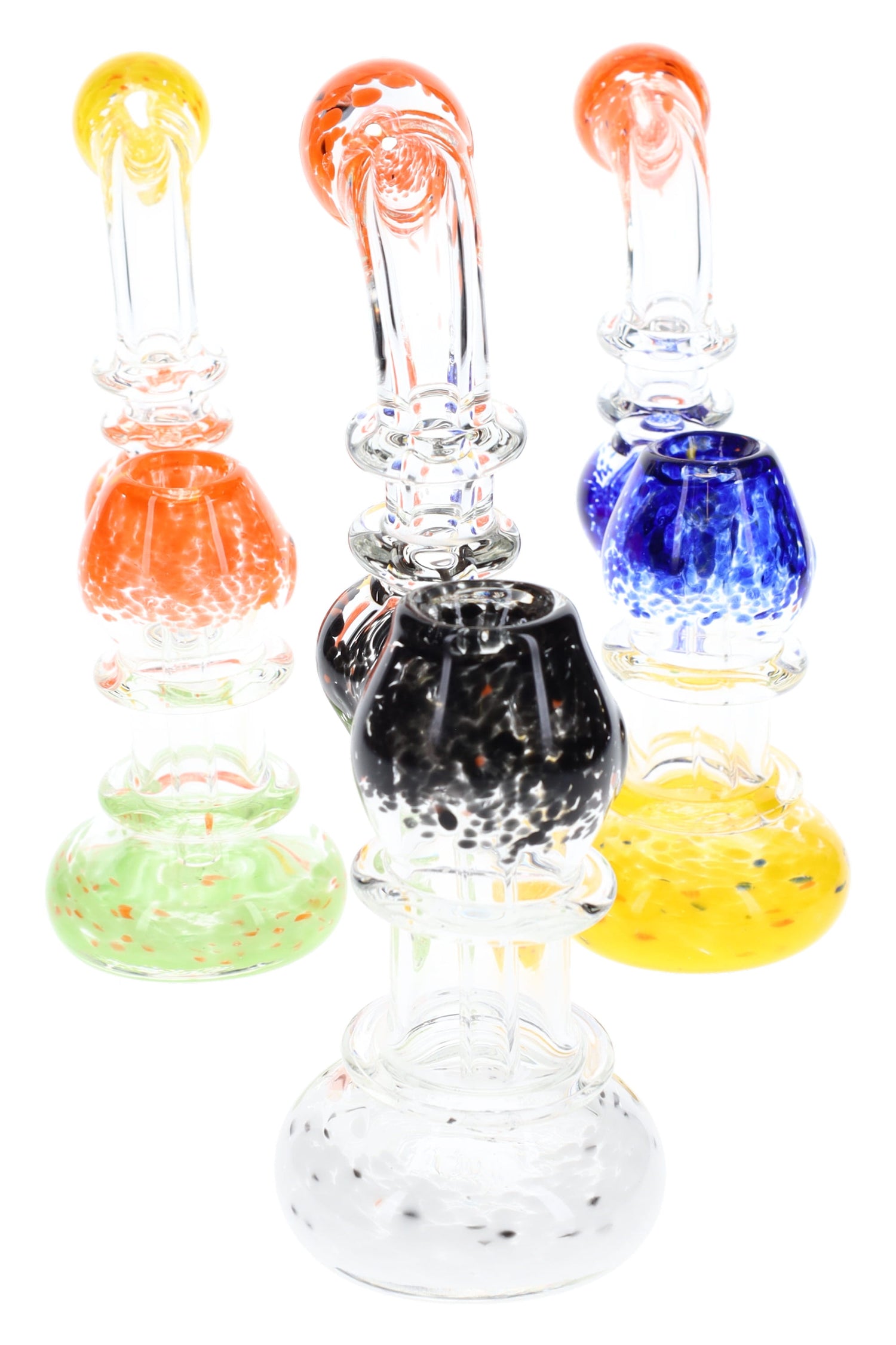6.5-inch clear glass Sherlock bubbler with multicolor frit bowl and base plus ringed neck; compact water chamber; colors vary; sold individually.