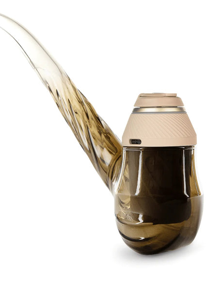 Close-up of Puffco Proxy Wizard Desert bowl area with Proxy core installed, showing translucent amber glass and snug connection.