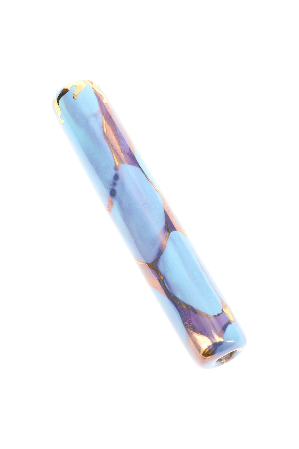 Light blue ceramic one-hitter with glossy finish and gold accents, slim 3-inch chillum pipe.