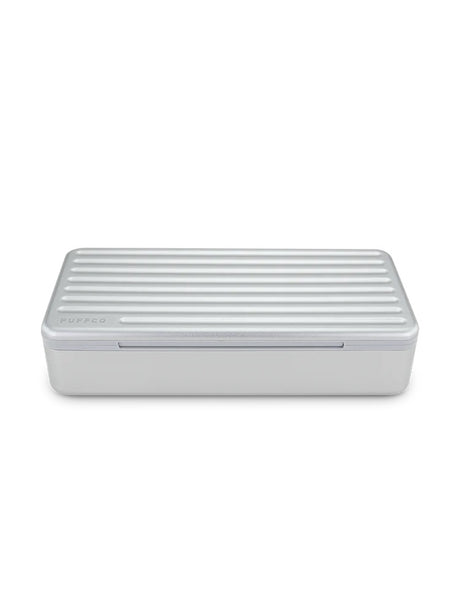 Pearl Puffco Pivot travel case angled view highlighting low-profile ribbed lid and compact rectangular design.