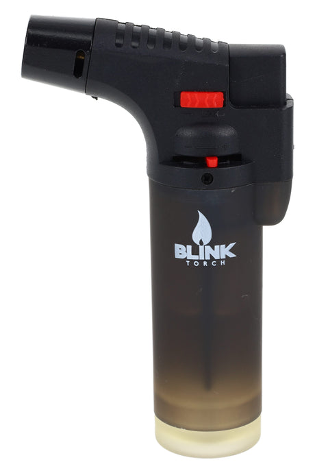 Blink Torch Gun butane lighter in smoke black finish with straight nozzle, red lock slider, and adjustable flame ring, upright studio product view.