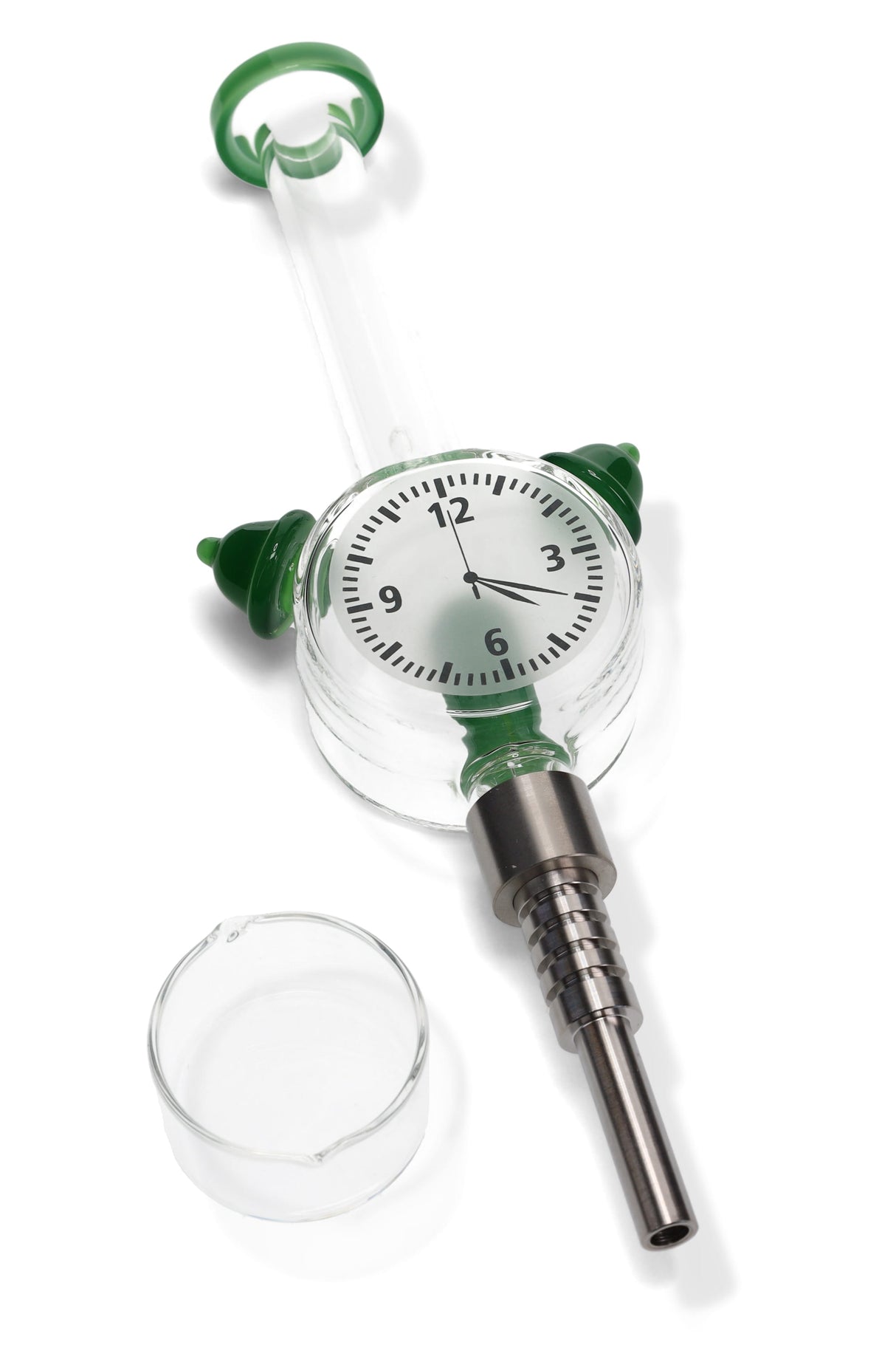 Green-accent glass clock dab straw with screw-on metal tip and separate quartz dish; compact 8-inch kit.