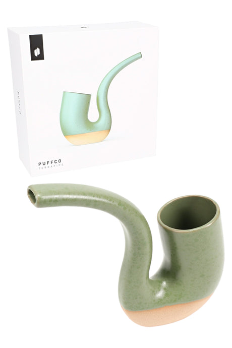 Puffco Proxy Terrapipe in sage green two-tone ceramic, long-stem dry pipe attachment for Proxy core, shown with retail box.