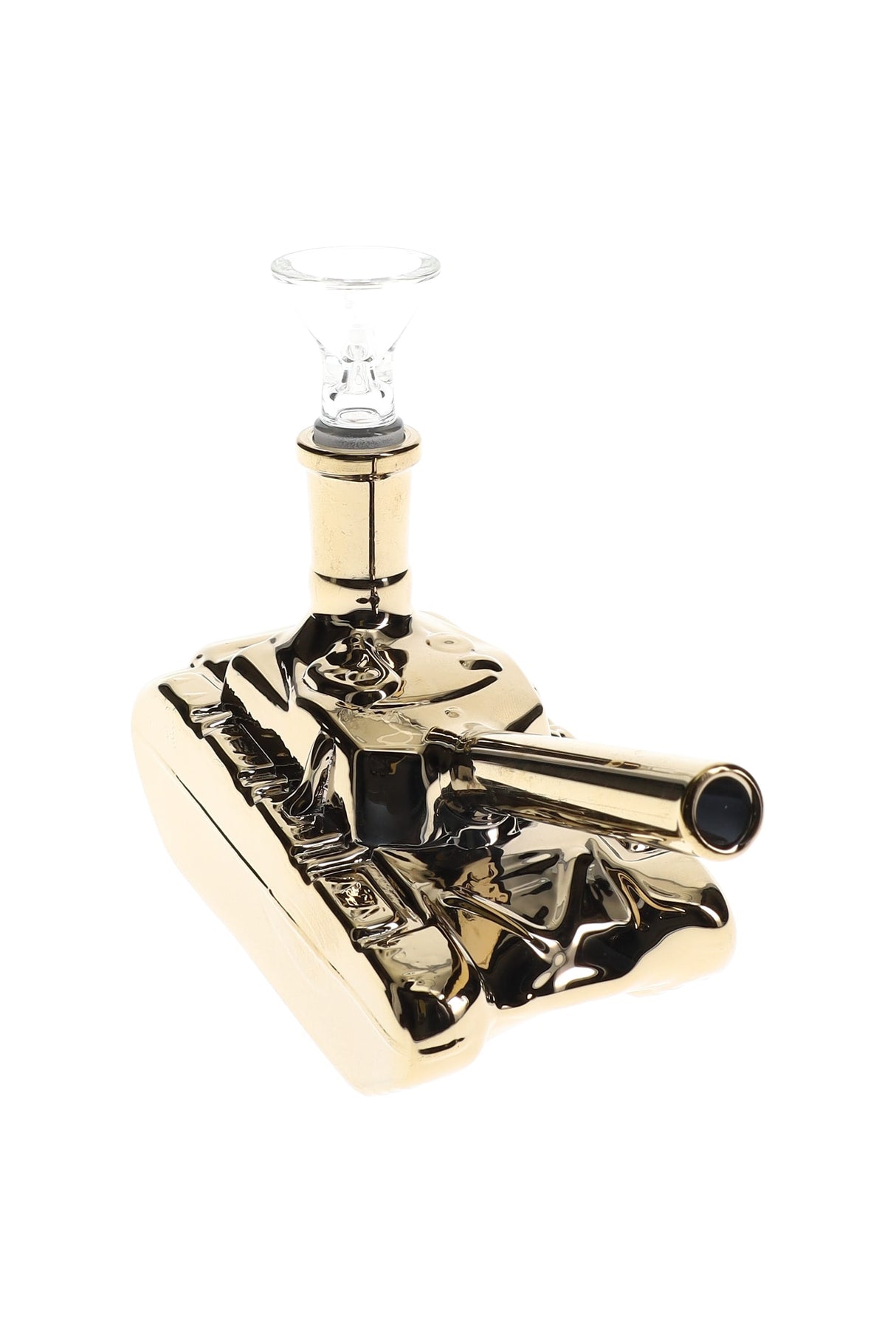 Tank-shaped mini glass bong in glossy gold with 14.5 mm female joint and stemless design, 6″ tall.