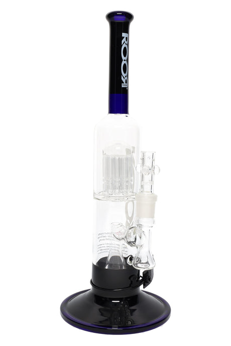 ROOR Tech 14-inch multicolor straight shooter bong with stacked tree-to-showerhead percolator, wide colored base, glass-on-glass joint, bowl and downstem attached.