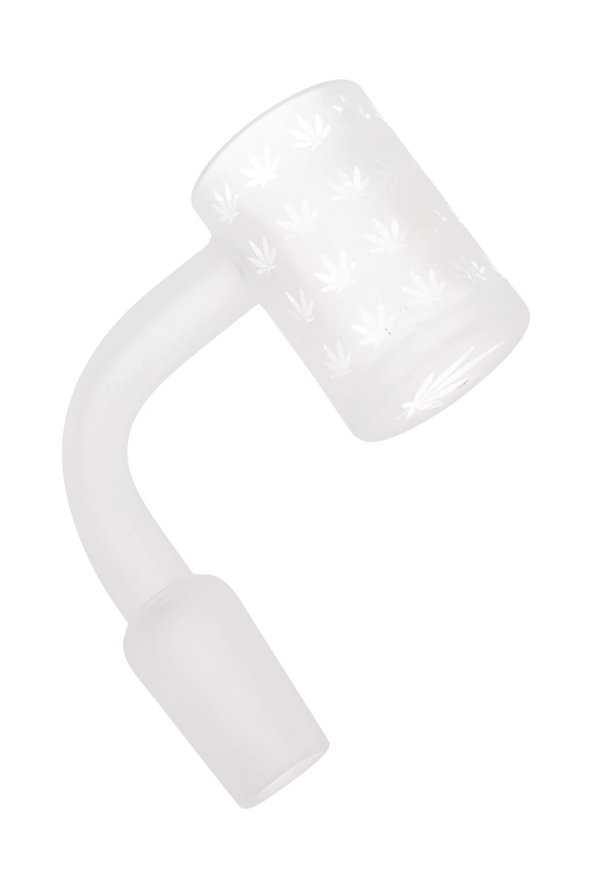 Frosted quartz bucket with repeating leaf motif, flat-top rim and 90-degree bend; 14.5 mm male joint on white background.