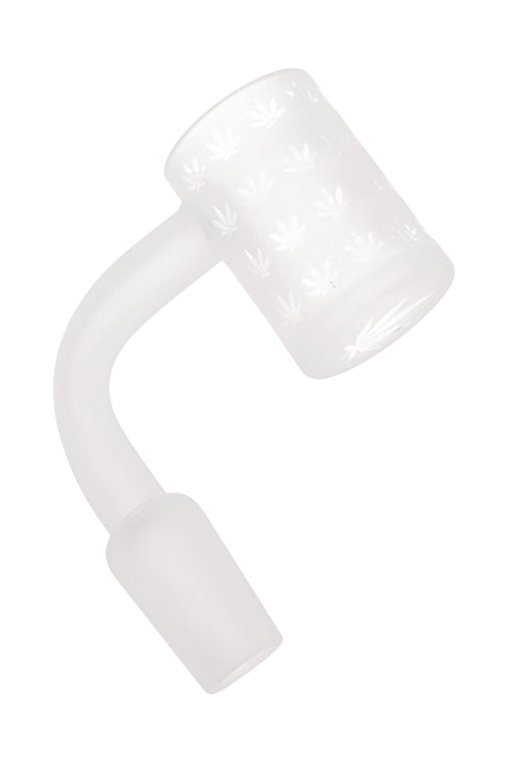 Frosted quartz bucket with repeating leaf motif, flat-top rim and 90-degree bend; 14.5 mm male joint on white background.