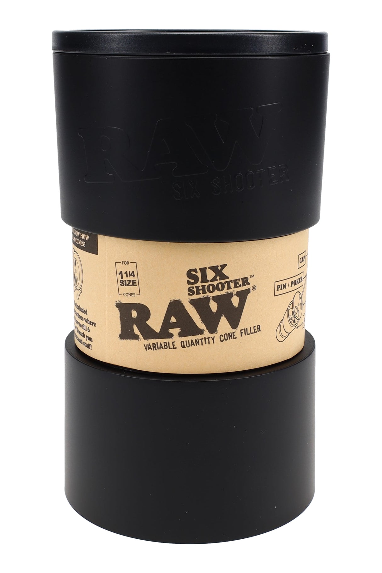 Close-up of RAW Six Shooter black cone filler body with kraft label, compact cylinder sized for 1¼ cones.