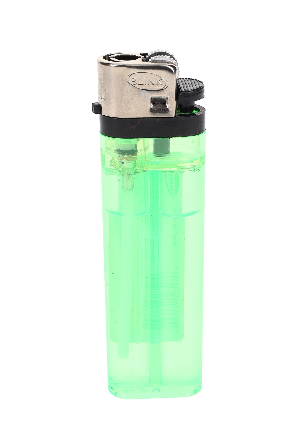 Single Blink disposable butane lighter in translucent neon green with metal hood, flint wheel and flame adjuster.