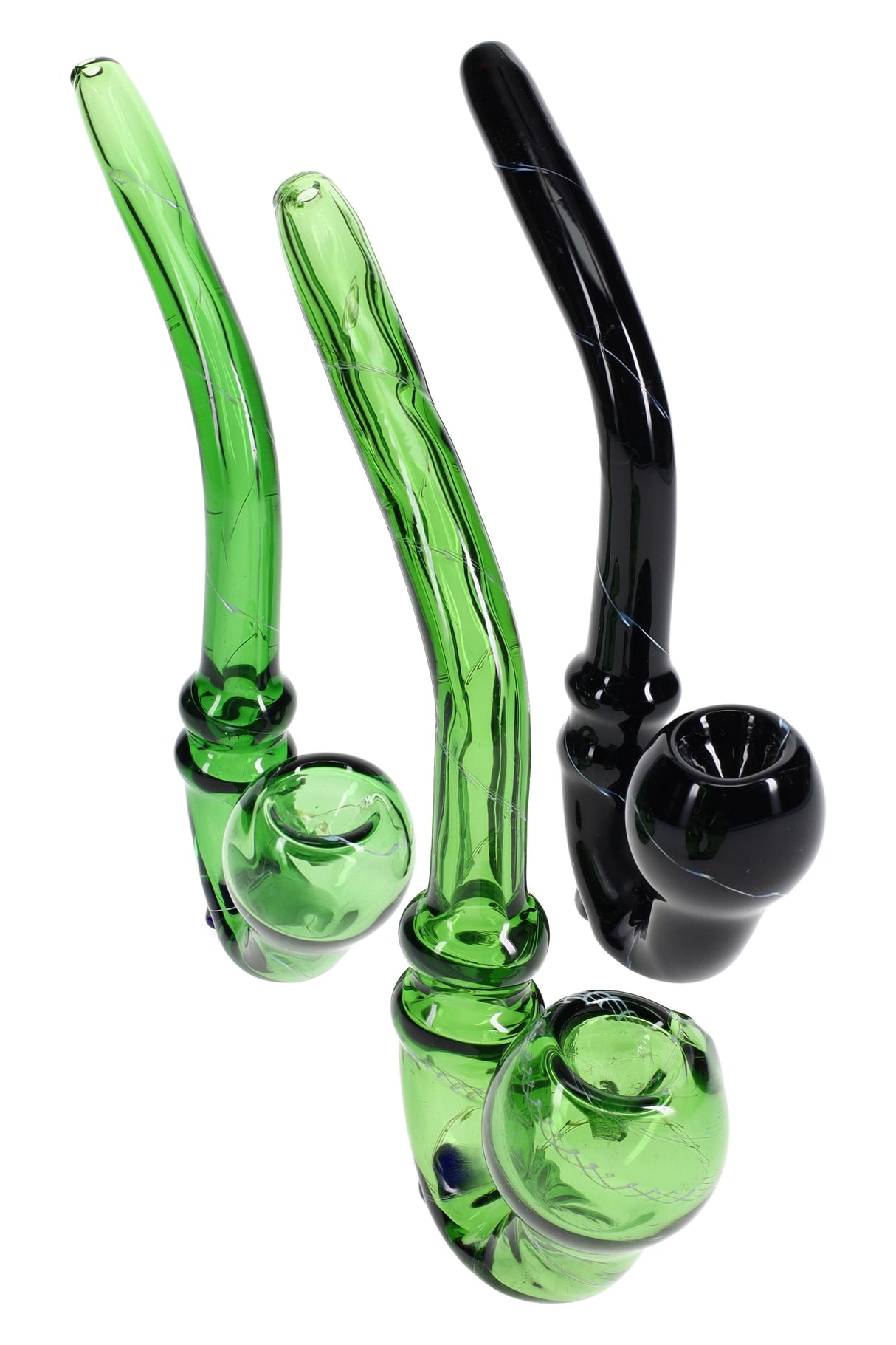 Tall glass sherlock hand pipe, 7″ standing design with thin white stripes and ring accents; green or black colors vary, sold individually.
