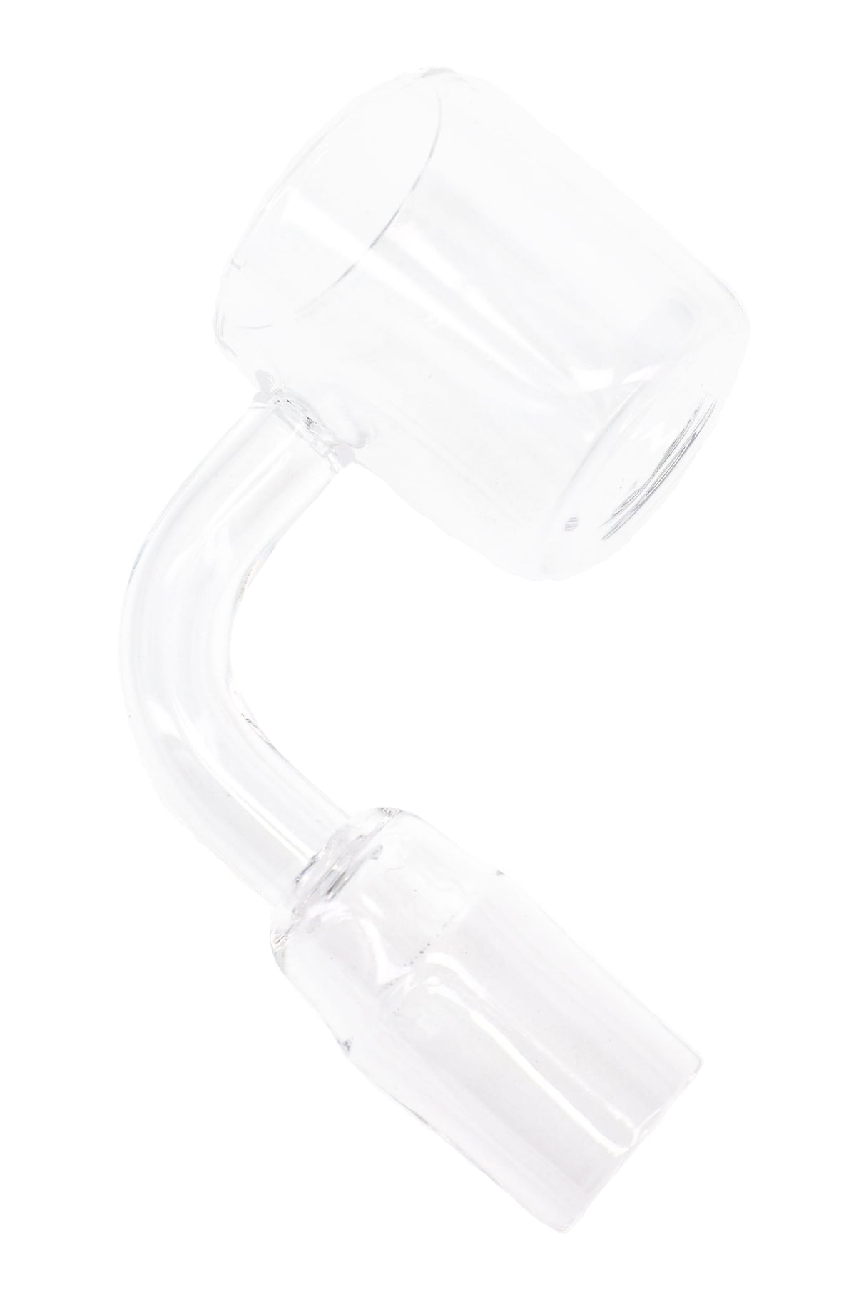 Clear 30 mm domeless quartz banger photographed from the rear, showing the 90° bend and frosted glass joint.