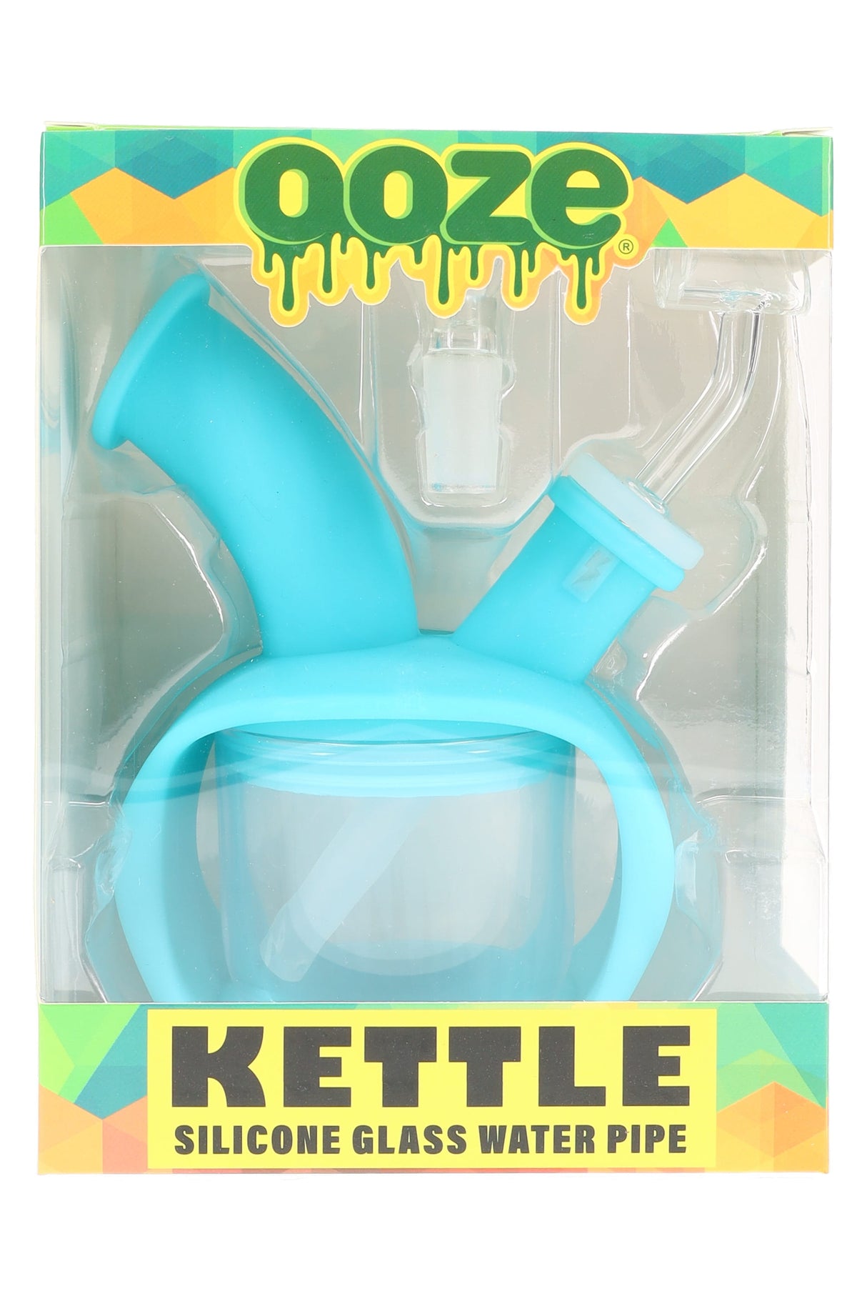 Aqua teal Ooze Kettle silicone glass water pipe boxed with 14 mm bowl and quartz banger, suction base bubbler.