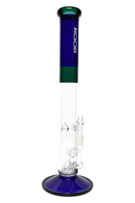 ROOR Tech 18-inch colored straight tube bong, blue and green accents, showerhead perc, glass bowl and downstem.
