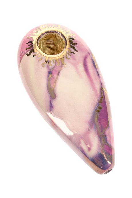 Pink-and-cream 4″ oval ceramic hand pipe featuring gold sun rim and brass screen bowl, smooth teardrop shape.