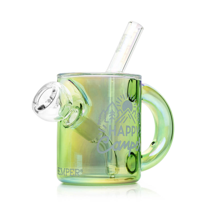 Side view of iridescent Happy Camper camping mug glass bong showing loop handle, clear bowl fitting and etched logo artwork.