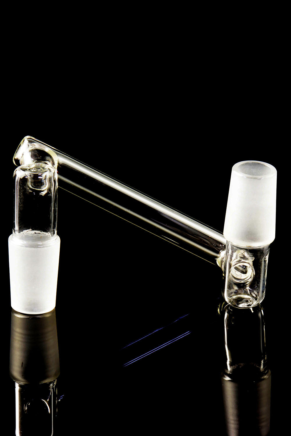 Close-up drop-down sidecar adapter for bongs featuring frosted 18.8 mm male joints and straight connector tube on a black backdrop.